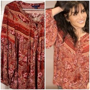 American Eagle Outfitters Red Paisley Floral Peasant Blouse